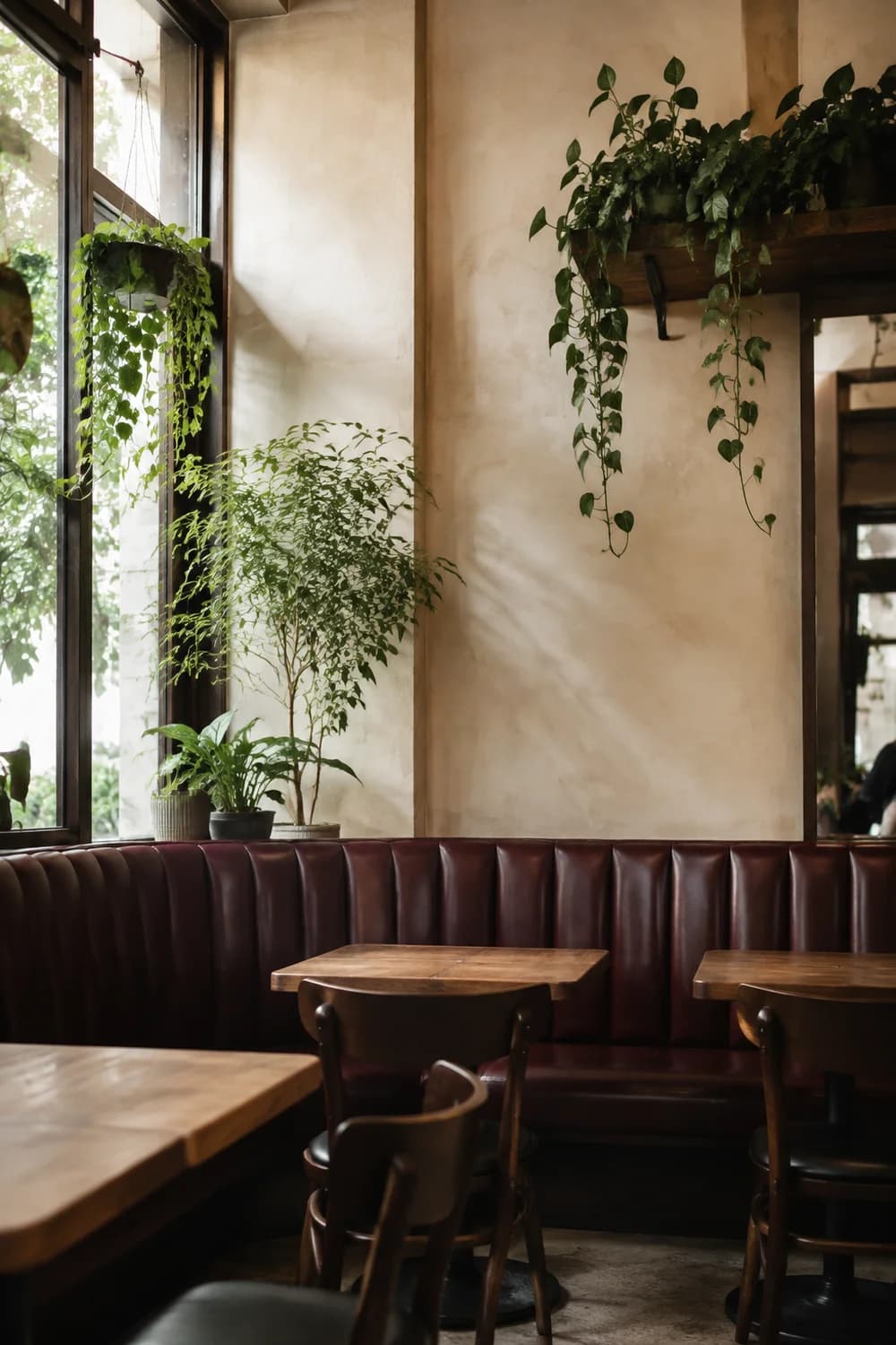 Illustrative neighbourhood café with warm timber tables and booth seating