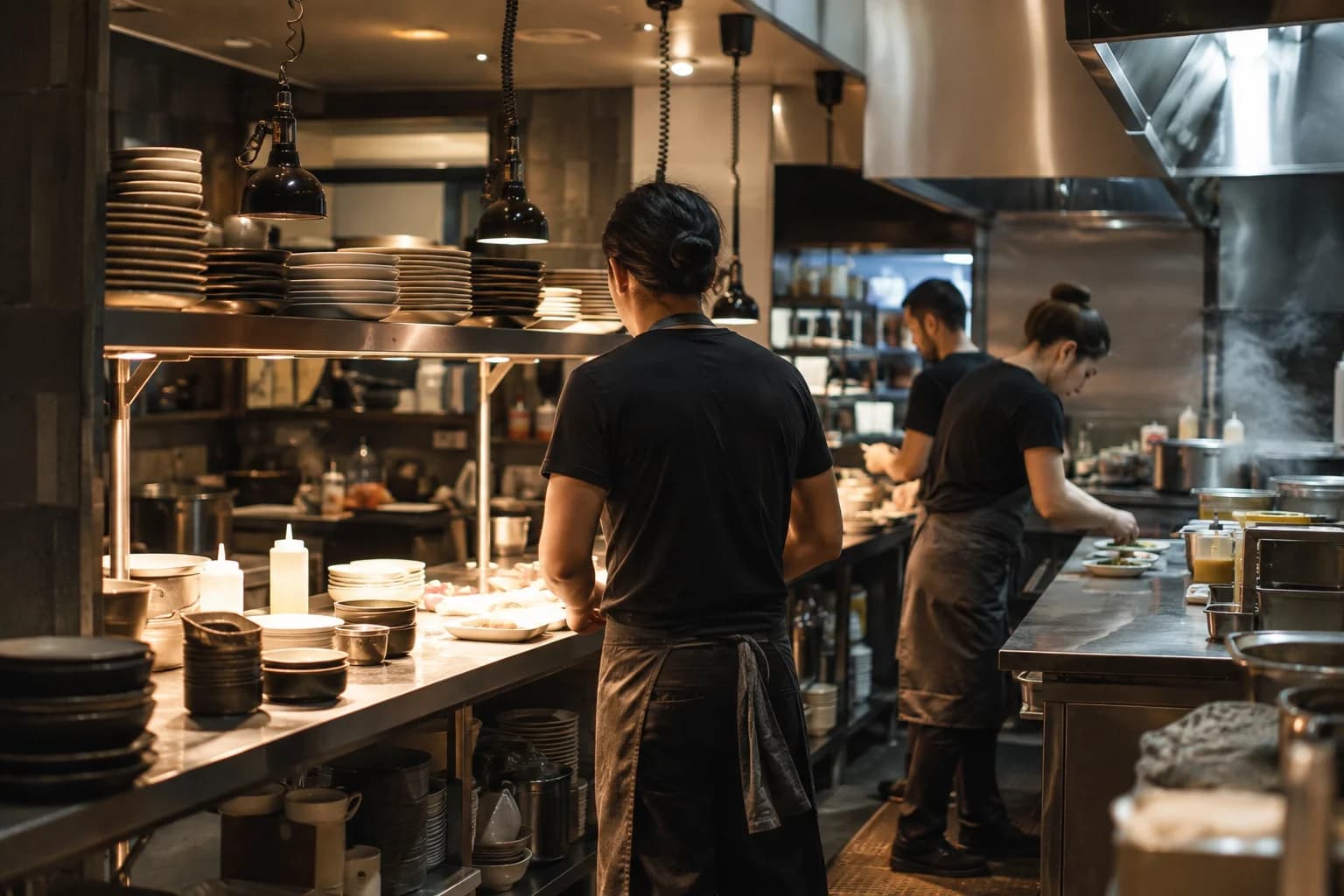 Illustrative kitchen team preparing plates together during service