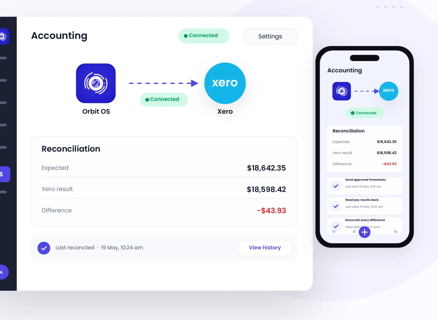 Orbit OS connected to Xero, with the reconciliation: expected, the Xero result and the difference, on the desktop and on a phone