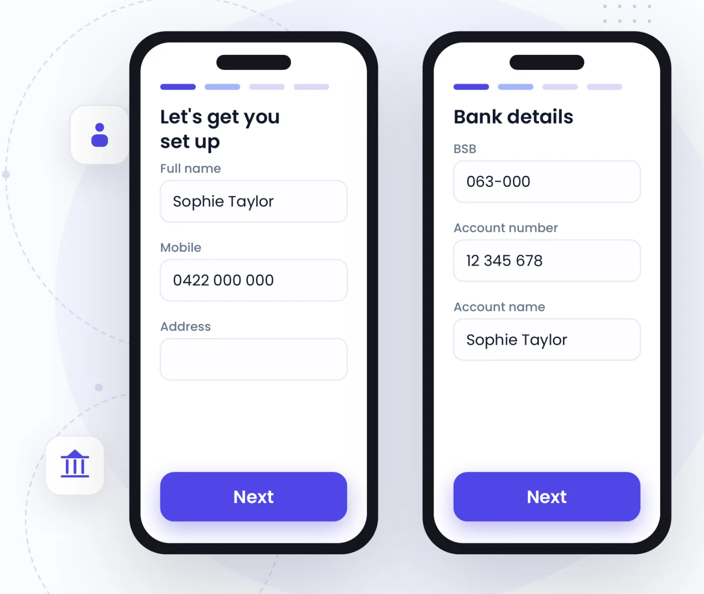 The onboarding wizard on two phones: personal details, then bank details
